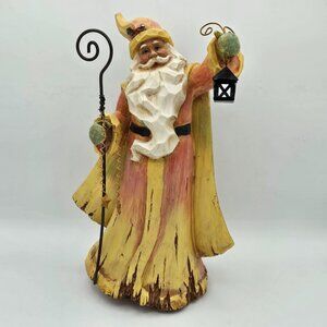 Hand-Painted Wooden Look Santa Claus Figurine With Lantern & Staff Christmas Dec